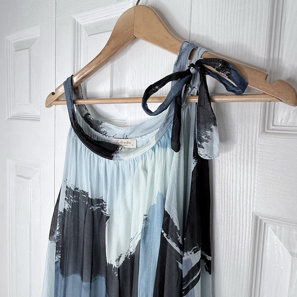 BELLAMBRA‎ Silk Blend Dress L Large Blue Black Abstract Watercolor Made in Italy - Picture 2 of 9